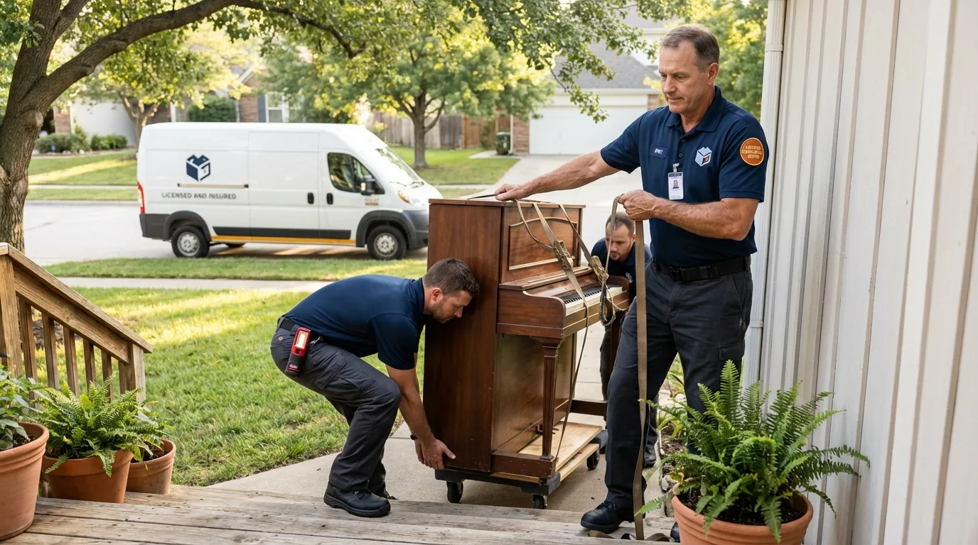 Licensed piano movers securing grand piano in Umatilla, OR