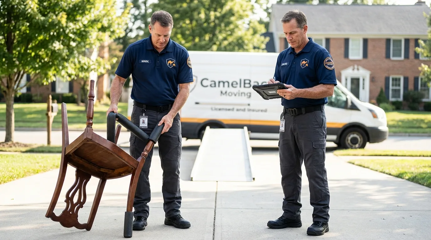 Movers inspecting furniture for damage prevention before loading in Umatilla, OR